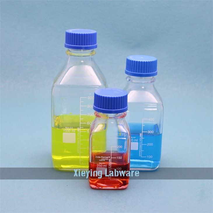 graduated media bottle with GL45 blue screw cap